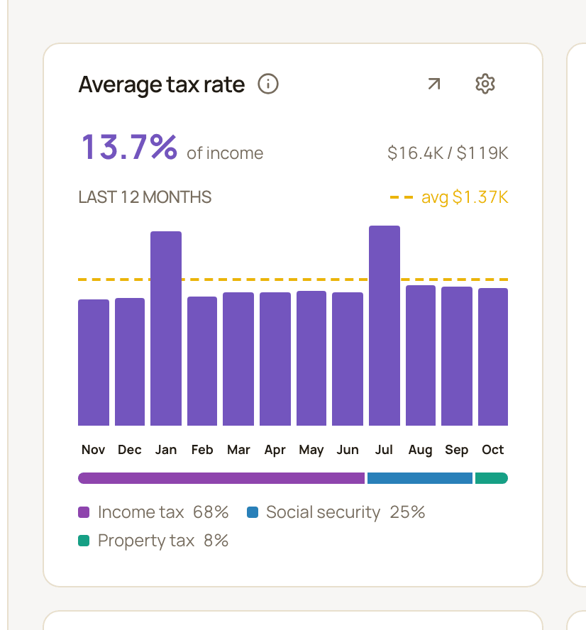 The Average tax rate widget showing the rate as a share of income, taxes and income totals, twelve monthly bars with a dashed average line, and a breakdown bar by tax category.